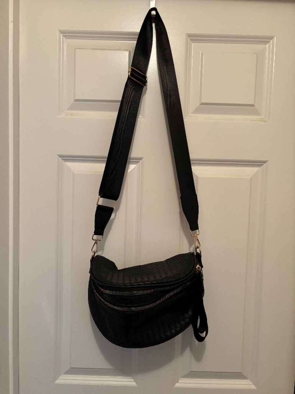 Black Emmafy Woven Vegan Leather Bum Bag with extra strap from Amazon